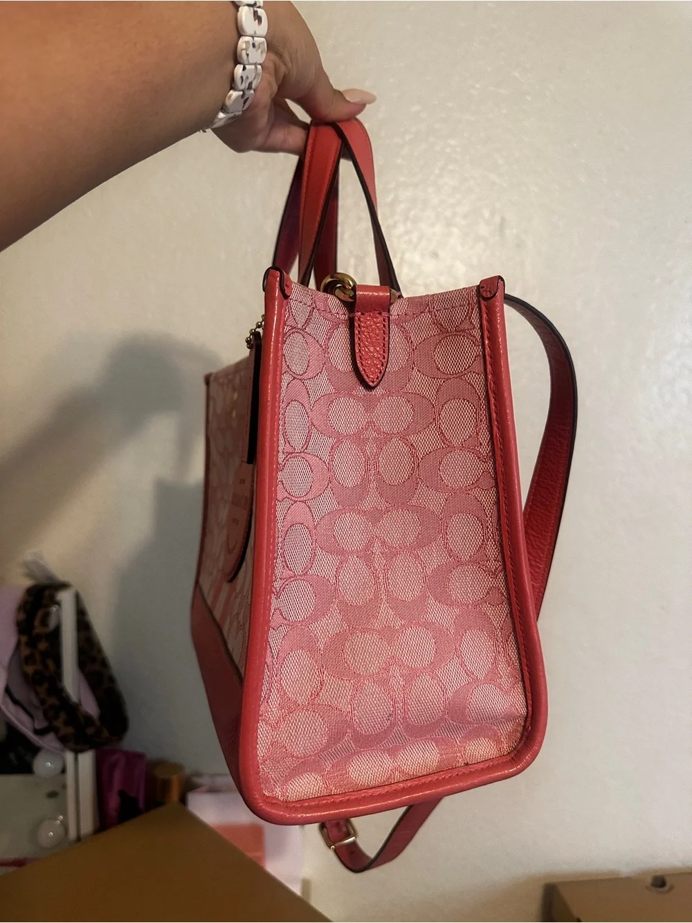 Coach Pink Signature Stripe Tote with Leather Trim